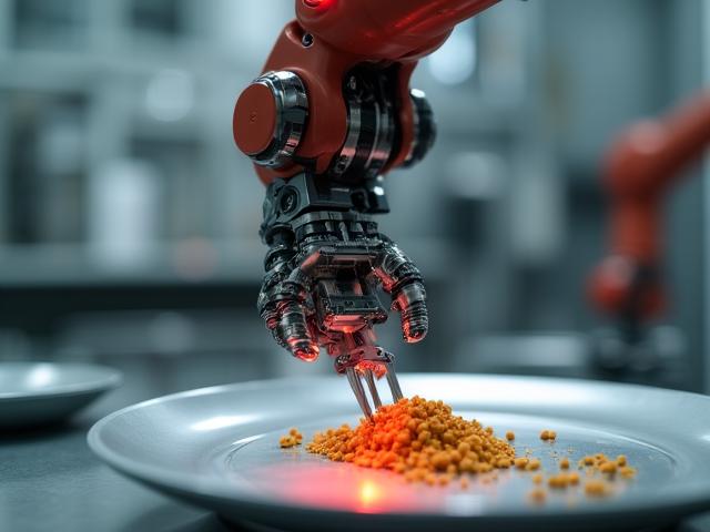 Close up of a robotic arm dicing vegetables